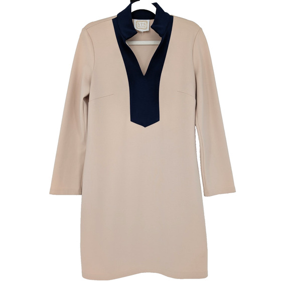 Sail To Sable Beige Ponte Knit Long Sleeve Navy V Neck Preppy Coastal Dress SM - Picture 1 of 6